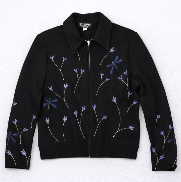 St. John Jackets & Blazers - St. John Collection Black Zip-Front Jacket with Dragonfly Embroidery-Beautiful!